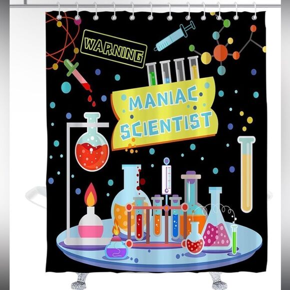 Science Shower Curtain Funny Maniac Sceientist Warning Bath Curtains Decor Sets - Picture 2 of 6